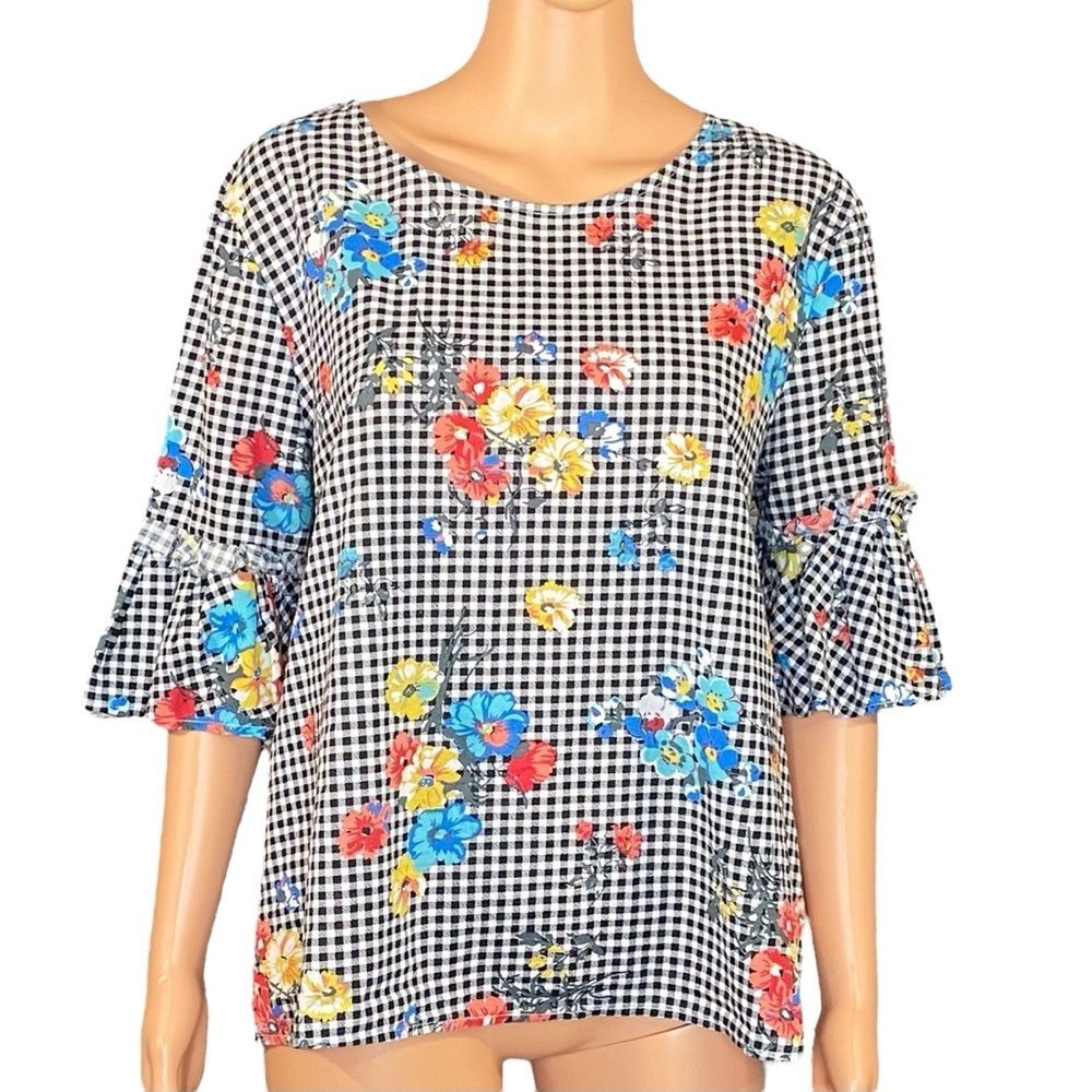 Jennifer and Grace Floral Gingham Top Ruffle Sleeve Womens Sz Large